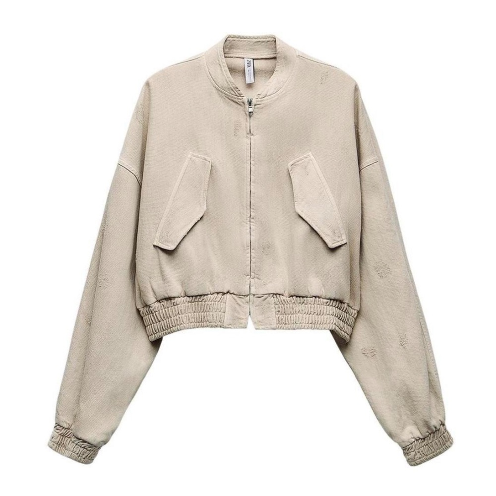 Zara beige distressed bomber jacket